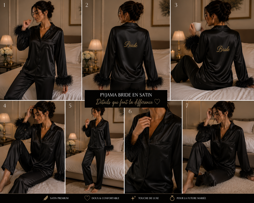 Ensemble Pyjama en satin Noir manches longues avec plumes