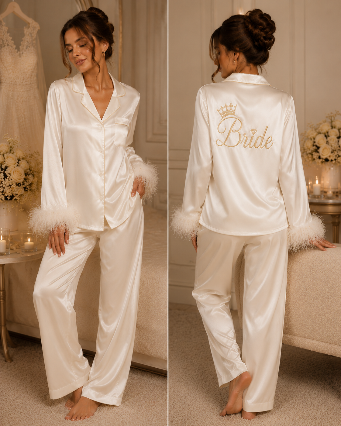 Ensemble Pyjama en satin Crème manches longues avec plumes