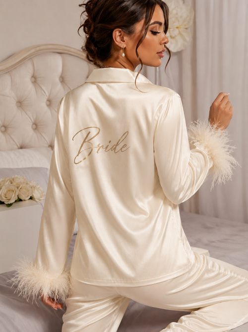 Ensemble Pyjama en satin Crème manches longues avec plumes